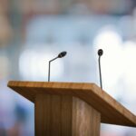 a podium with two microphones